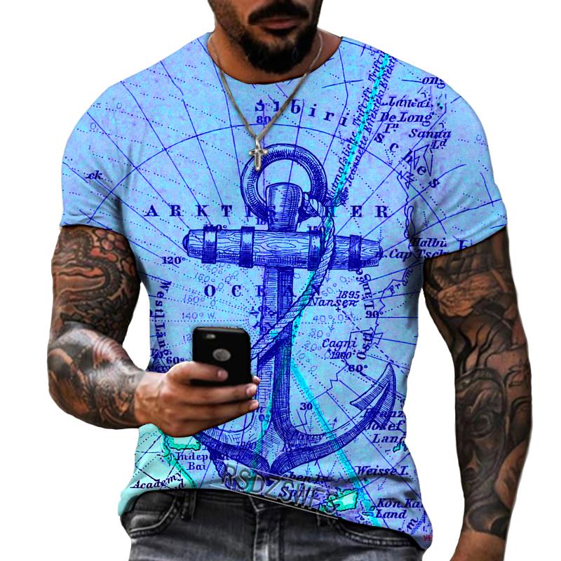 Summer Round Neck 3D Anchor Pattern Print Top Fashionable Casual Short Sleeved Men's T-shirts