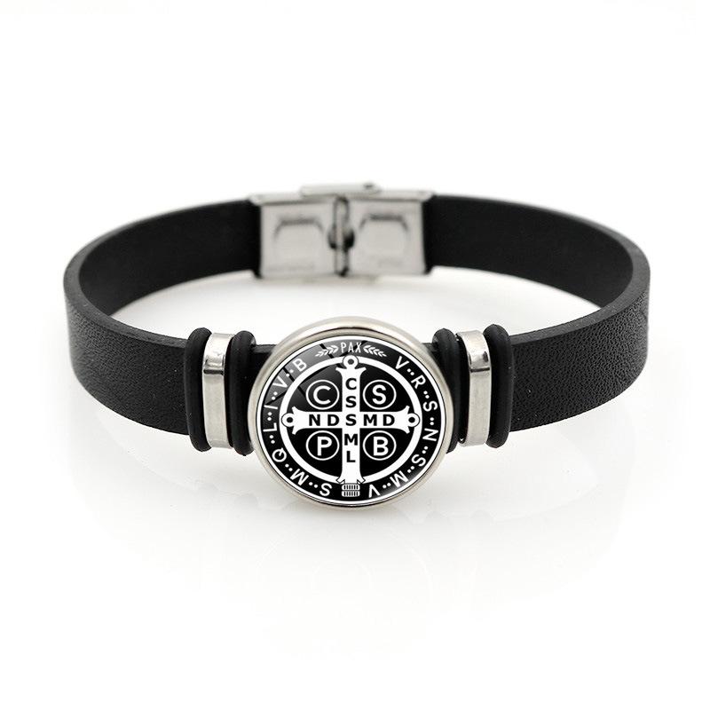Benedict Saint Elegant Medal Adjustable Bracelet Stylish Black Leather Jewelry Gift Unisex