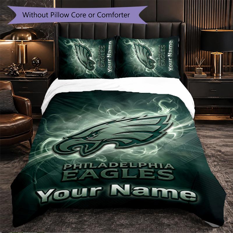 Philadelphia Eagles Customized Name Text Bedding Set, 1 Duvet Cover & 2 Pillowcases Personalized Bedroom Gift