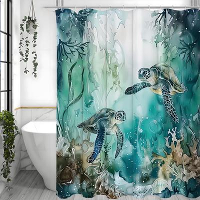 Tenda da Doccia Acquerello Verde Chiaro Tartaruga Marina, Tenda da Doccia Decorativa per Bagno, Tenda da Doccia Impermeabile con Ganci