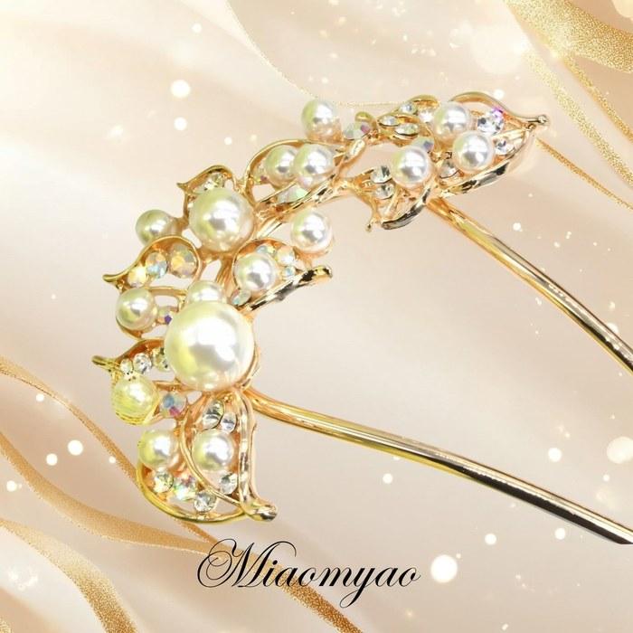 [Miaomyao] Hairpin U-Shaped Hair Ornament Japanese Style Yukata Kimono Pearl Hair Comb Elegant Hair Accessory Pink Gold Large Size