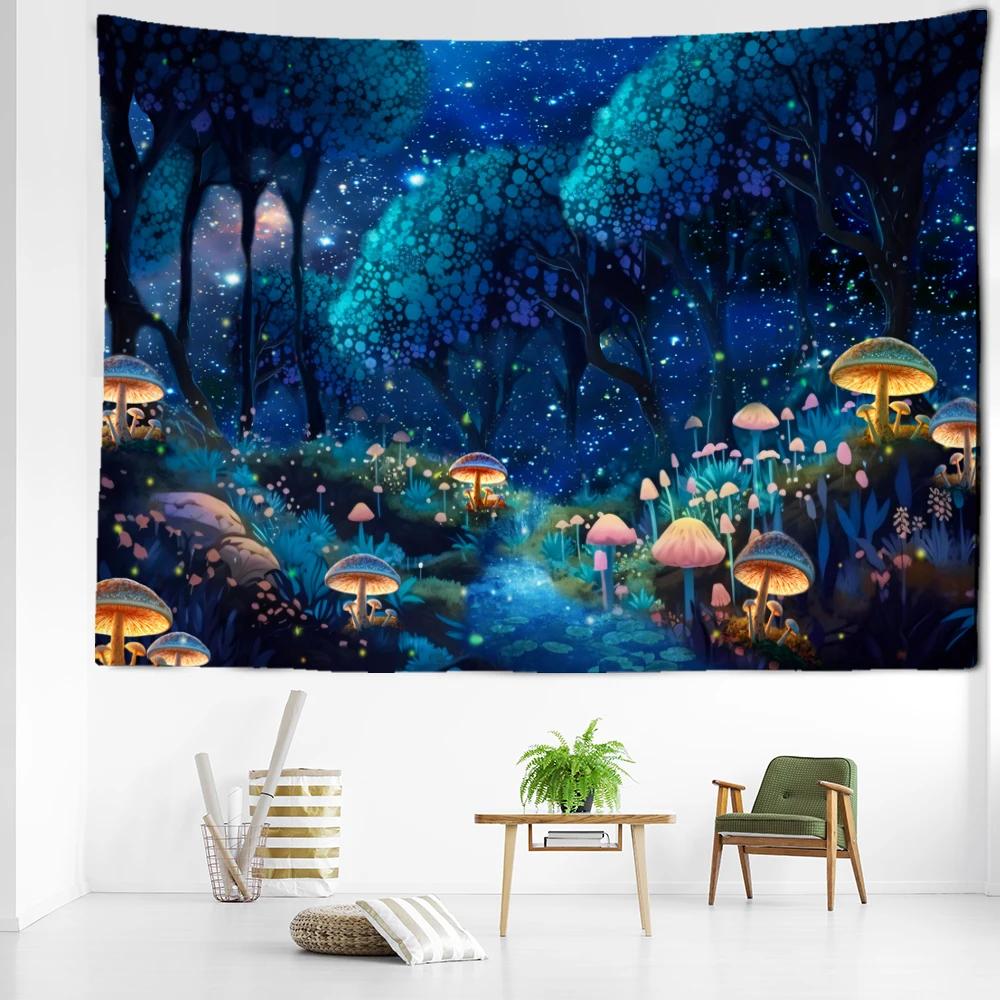 Mistig Paddenstoelenbos Wandkleed Muurdecoratie Fantasie Kunst Abstract Mysterieus Boheems Woonkamer Huisdecoratie