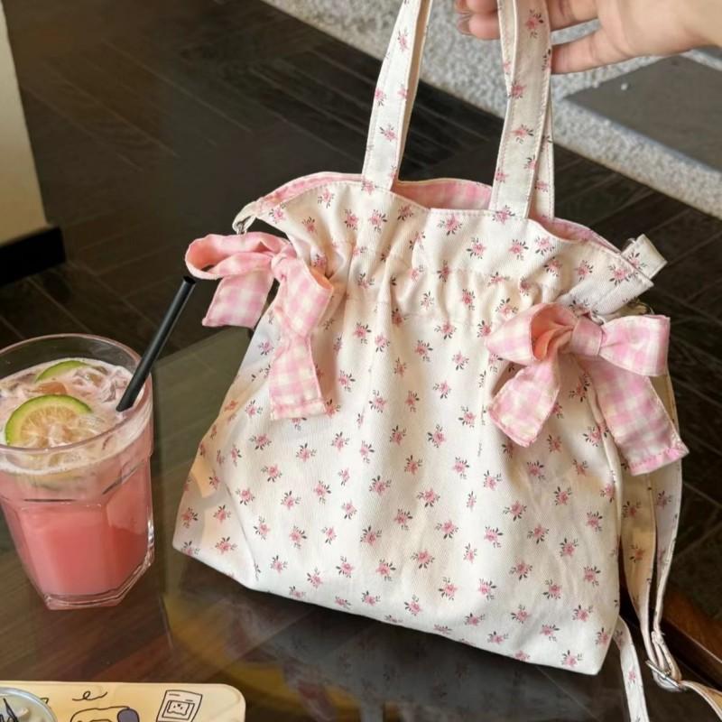 Simple Sweet Shoulder Bag Large Capacity Printed Tote Bag Fashion Sweet With Bowknot Storage Handbags Canvas Underarm Handbags