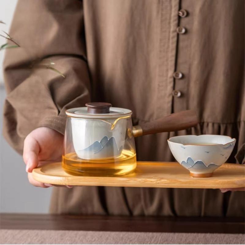 Hand Painted Landscape Ceramic Teapot Chinese Tea Ceremony Pot with Side Handle Gift for Tea Lovers