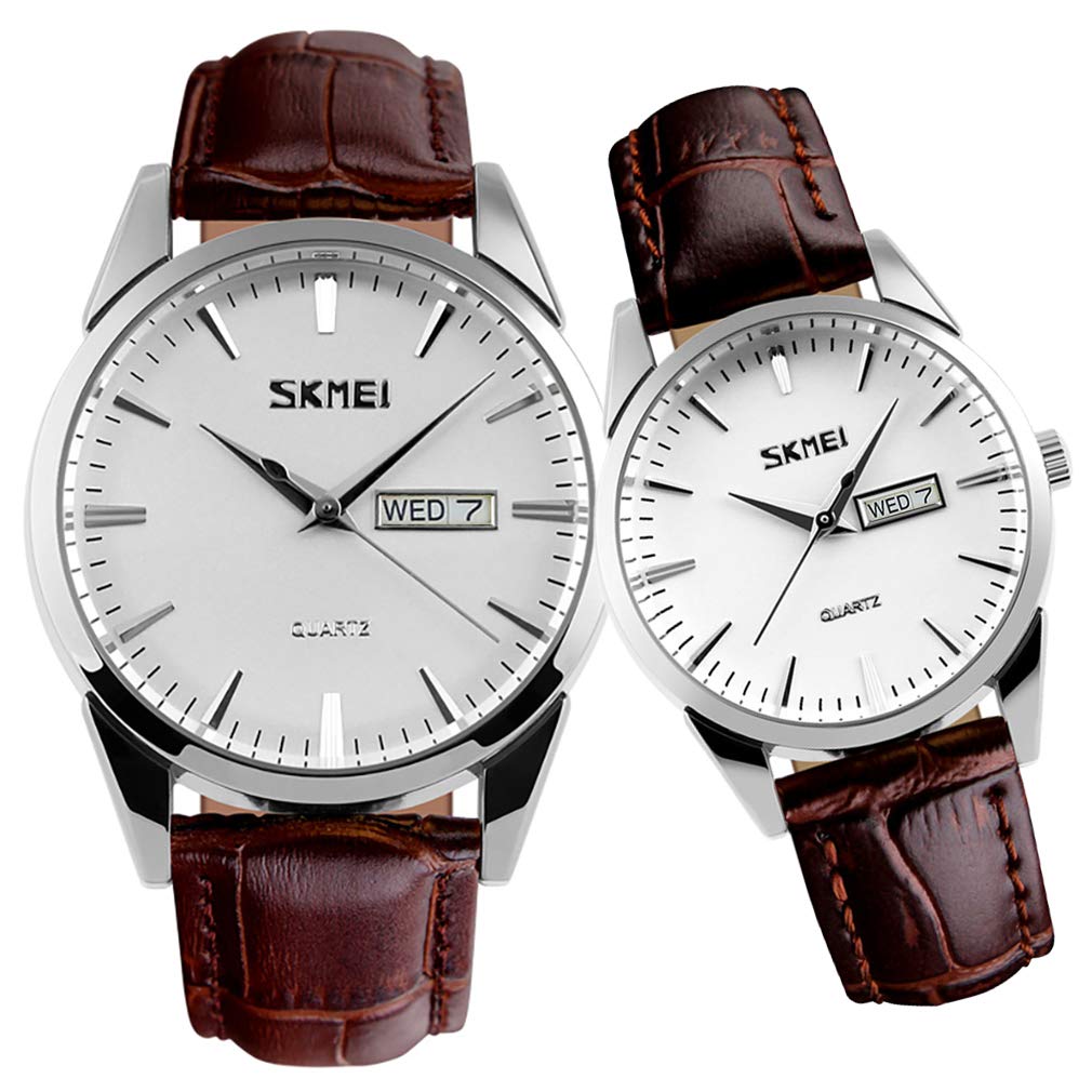 Beliebte Partneruhren für Damen und Herren. Klassisches braunes Lederarmband, wasserdicht und luxuriös. Ein perfektes Geschenk für Hochzeiten, Jubiläen,