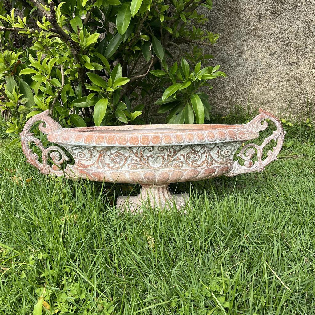Vintage Magnesium Oxide Double-Ear Flower Pot with 3D Roman Relief for Villa Courtyard Decor