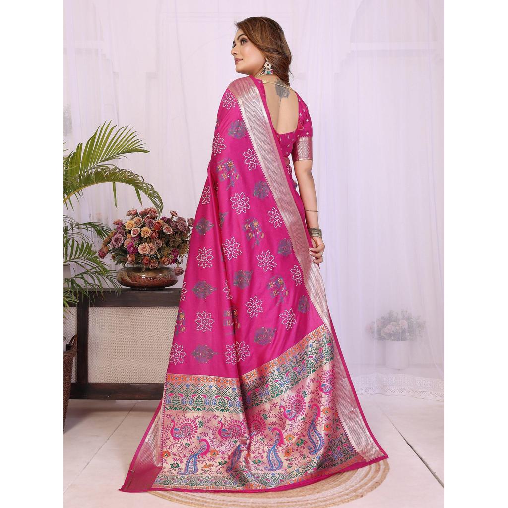 Handpicked Lite Weight Soft Dola Silk Bandhej Khadi Print Saree – a perfect fusion of tradition & vibrant elegance