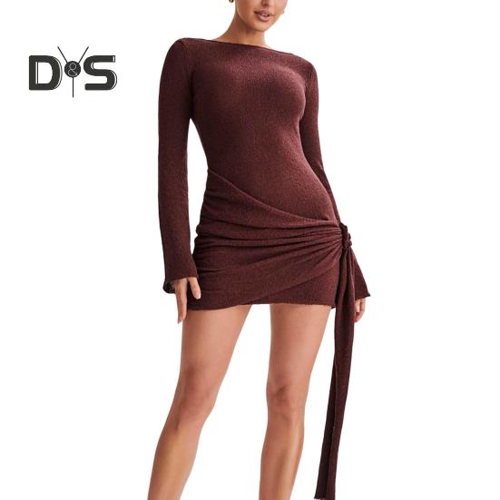 

Женское сексуальное облегающее мини-платье с длинным рукавом и открытой спиной, облегающее платье с круглым вырезом, вечернее платье для вечеринки и клуба L красно-коричневый