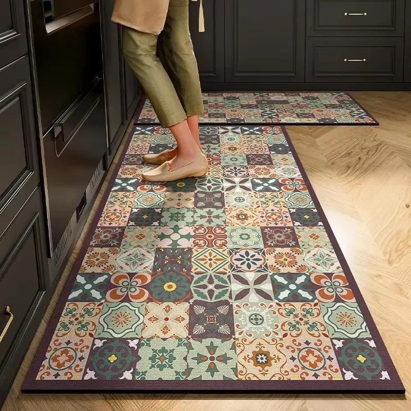 Carpet for Kitchen Set Non-slip Oil-proof Floor Mat Pvc Leather Waterproof Foot Mats American Vintage Decoration Long Strip Rug
