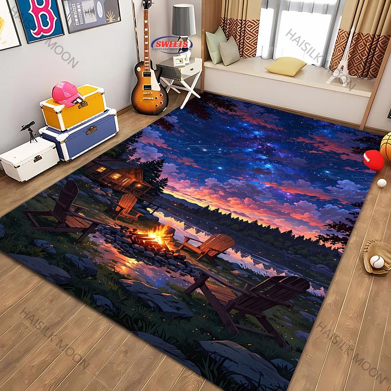 New Shelves! Outdoor Camping Theme Printed Carpet, Living Room Bedroom Office Children's Room Rug, Non-slip Machine Washable Mat