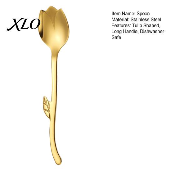 Kitchen Dining Accessory Tulip Shaped Stainless Steel Spoon, Long Handle Coffee Ice Cream Scoop Dessert Serving Spoon with Hanging Hook, Flatware