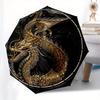 Golden Dragon Design 8-Rib Automatic Open Compact Umbrella - 3-Fold Portable Timepiece with Intricate Mythical Creature Art, C