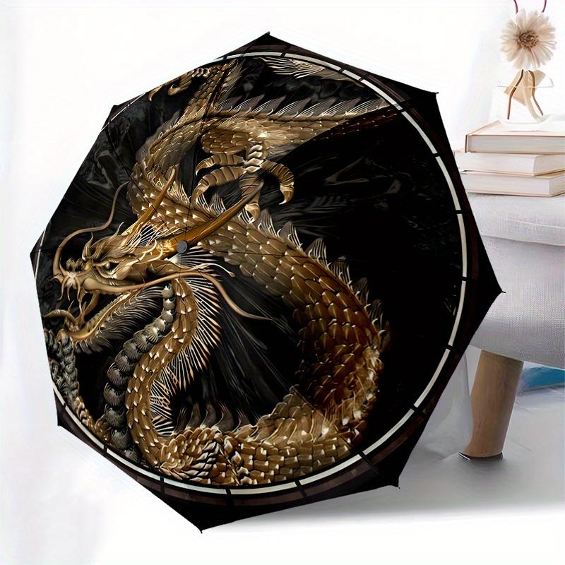 Golden Dragon Design 8-Rib Automatic Open Compact Umbrella - 3-Fold Portable Timepiece with Intricate Mythical Creature Art, C