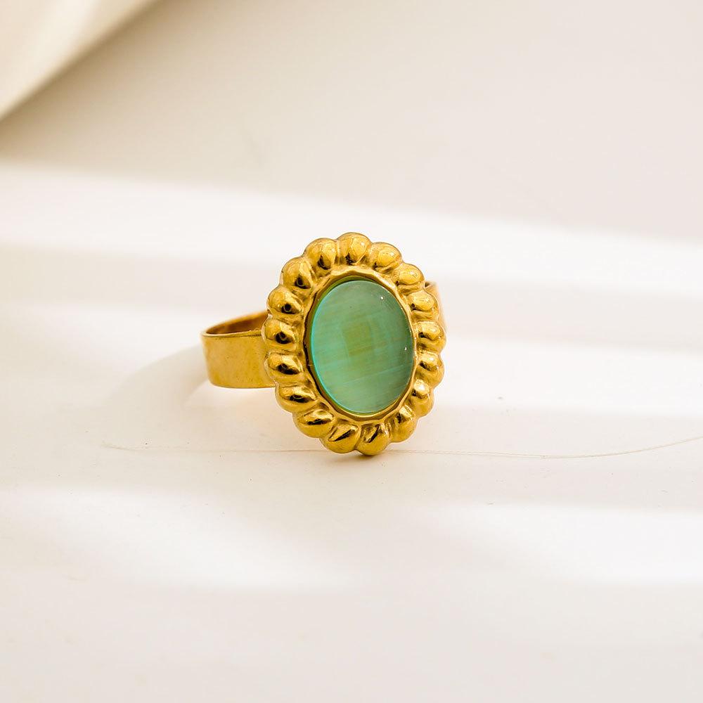 Bohemia Retro Gold Color Stainless Steel Artificial Pearl Shell Cameo Green Opal Stone Open Adjustable Rings for Women Jewelry
