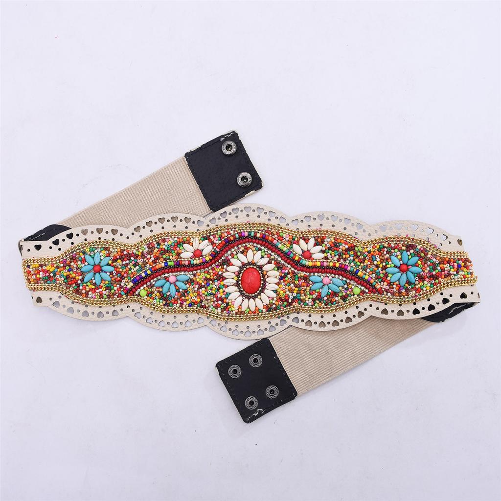 Adjustable Ethnic Waistband Decorative Cummerbund Belt with Flower Design Stretchy Wide Cinch Band for Dresses
