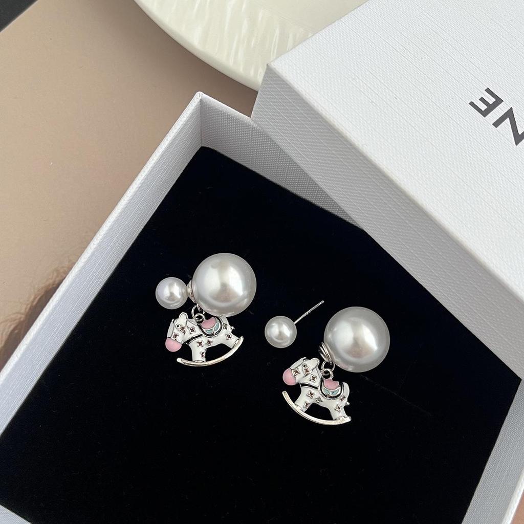 Year of the Horse 925 Sterling Silver Diamond Enamel Stud Earrings with Pearls - Retro High-End Design