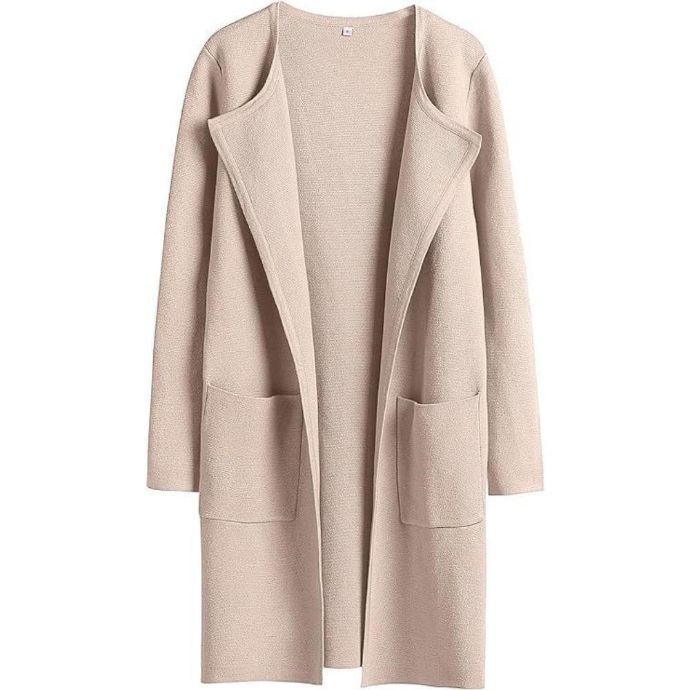 Women's Turn Down Collar Long Sleeve Loose Fit Casual Long Knit Cardigan Solid Color Pocket Sweater Coat