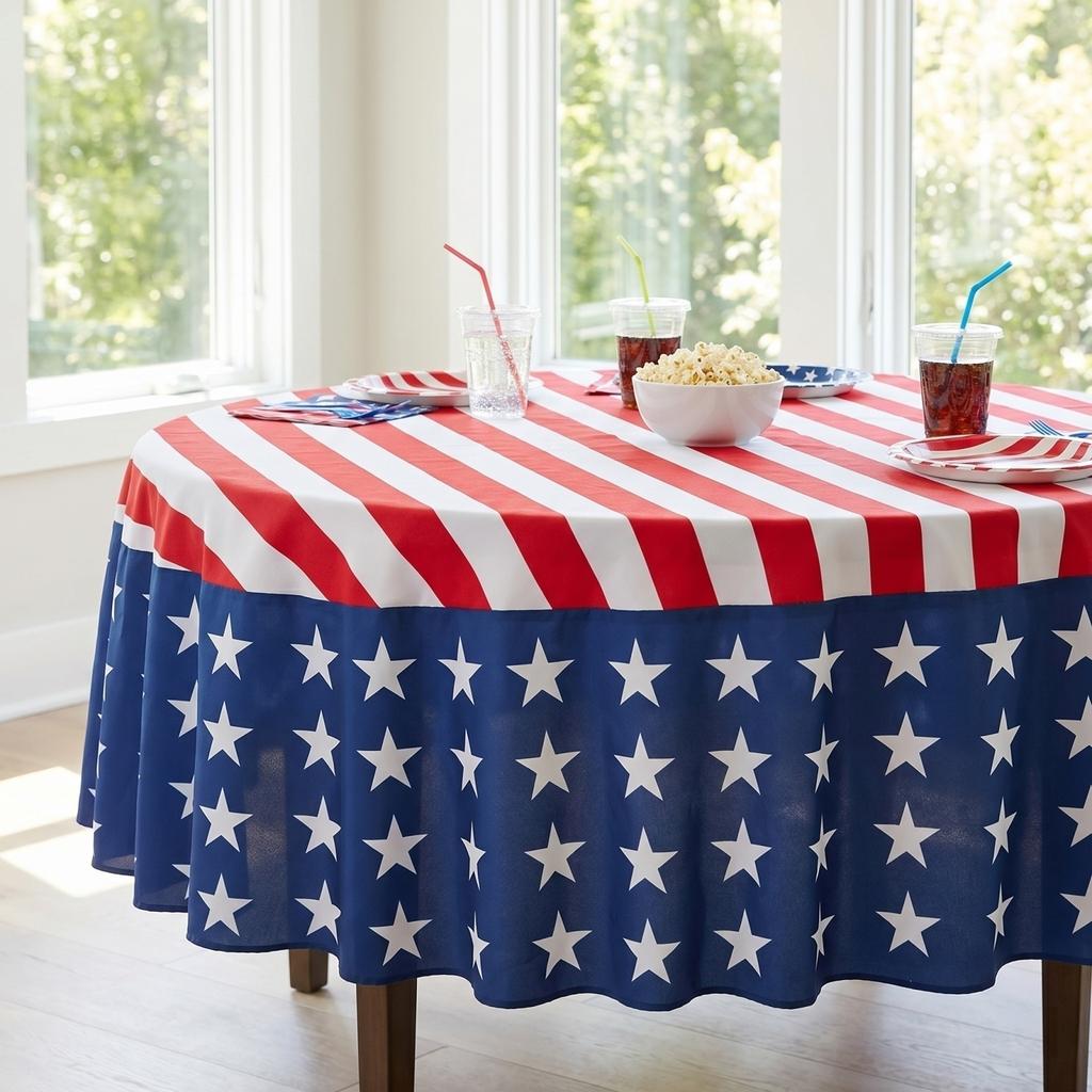 Round Tablecloth Washable Stain Resistant Durable Fabric Suitable for Home Dining Room Party Events and Outdoor Use with Star and Stripe Pattern
