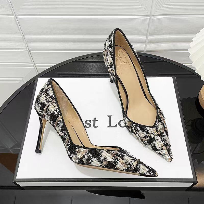 2025 Spring New High-heeled Women's Fashion Pointy Light Mouth Sequin Cloth Slip-on Slip-on Wear-resistant Fine Heel Shoes