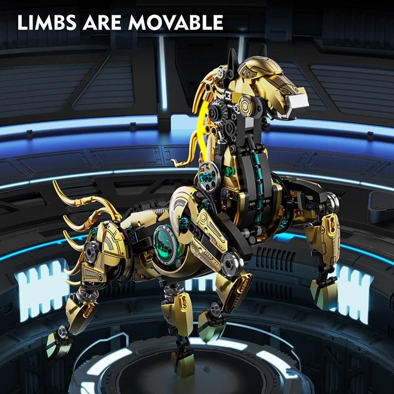 1055PCS Golden Machinery Horse Building Blocks Movable Joint Animal Models Bricks Set With Light Kid DIY Toys Holiday Gifts