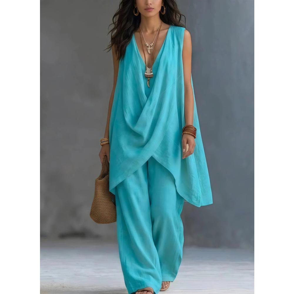 Damen V-Ausschnitt Ärmellos Locker Baumwolle Leinen Zweiteiliges Outfit Drapierte Tunika Top Weite Hosen Lässiger Urlaubs-Trainingsanzug S see-blaue