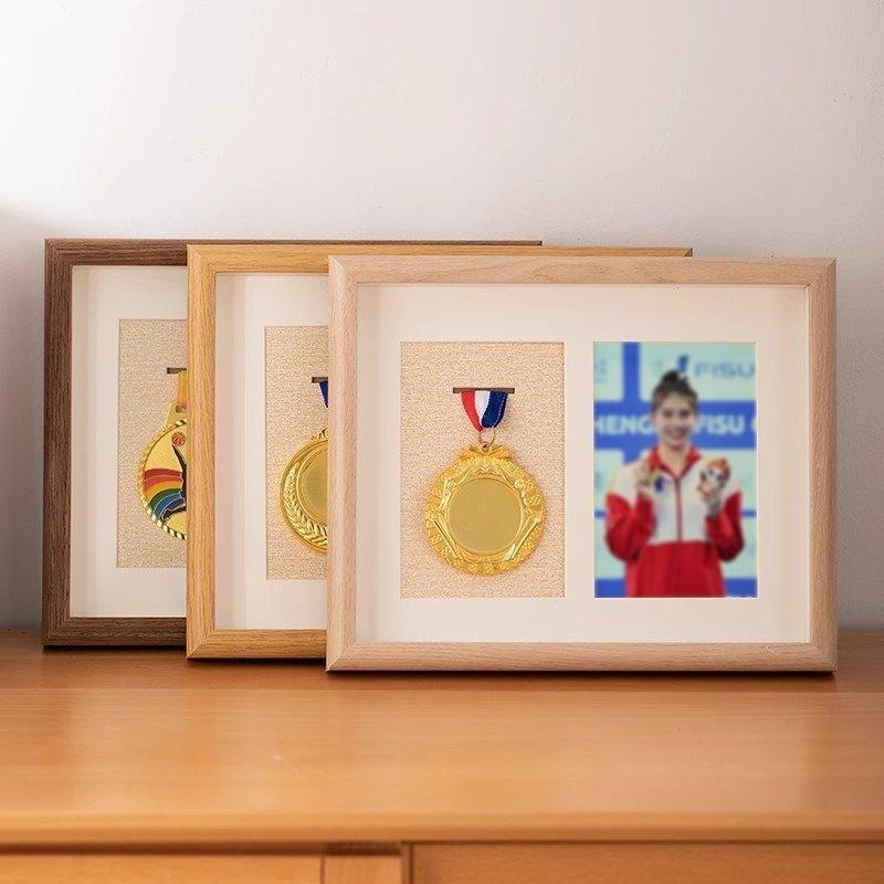 Wooden Honor Medal Display Photo Frame Medal Dust-Proof Display Case for Sports Military Medal Display Picture Frame