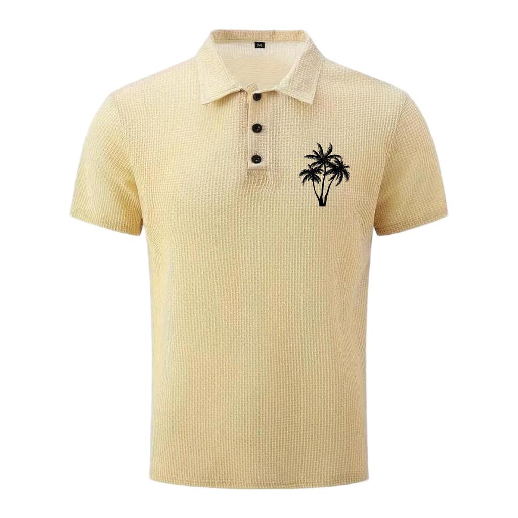 Men's Summer High-End Mesh Ice Silk Short Sleeve Polo Shirt Breathable Lightweight Casual Top with Palm Tree Embroidery