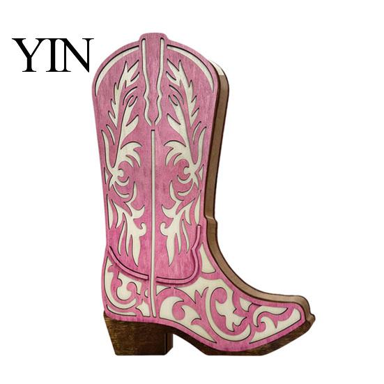 Farmhouse Flower Arrangement Holder Wooden Cowboy Boots Wall Planter for Indoor Plants, Western Boot Hanging Vase Decorative Wood Grain Sculpture Faux