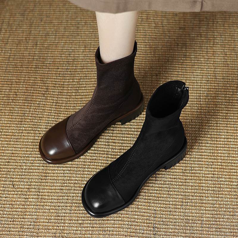 Krazing Pot Flock Autumn Winter Shoes Low Heels Size 43 Stretch Boots Back Patch Work Street Wear Elastic Ankle Boots