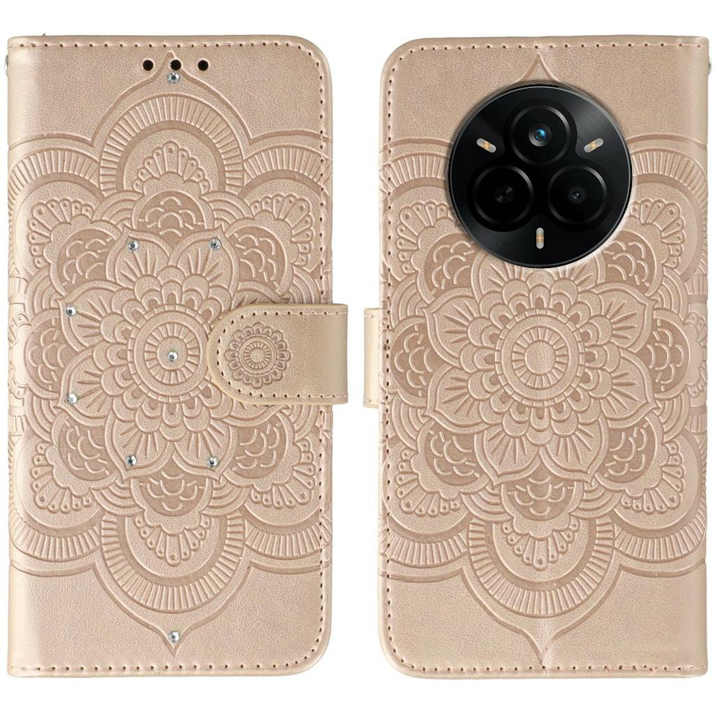 For Realme 14 Pro 5G Case Rhinestone Decor PU Leather Mandala Imprinted Design Phone Cover with Wrist Strap