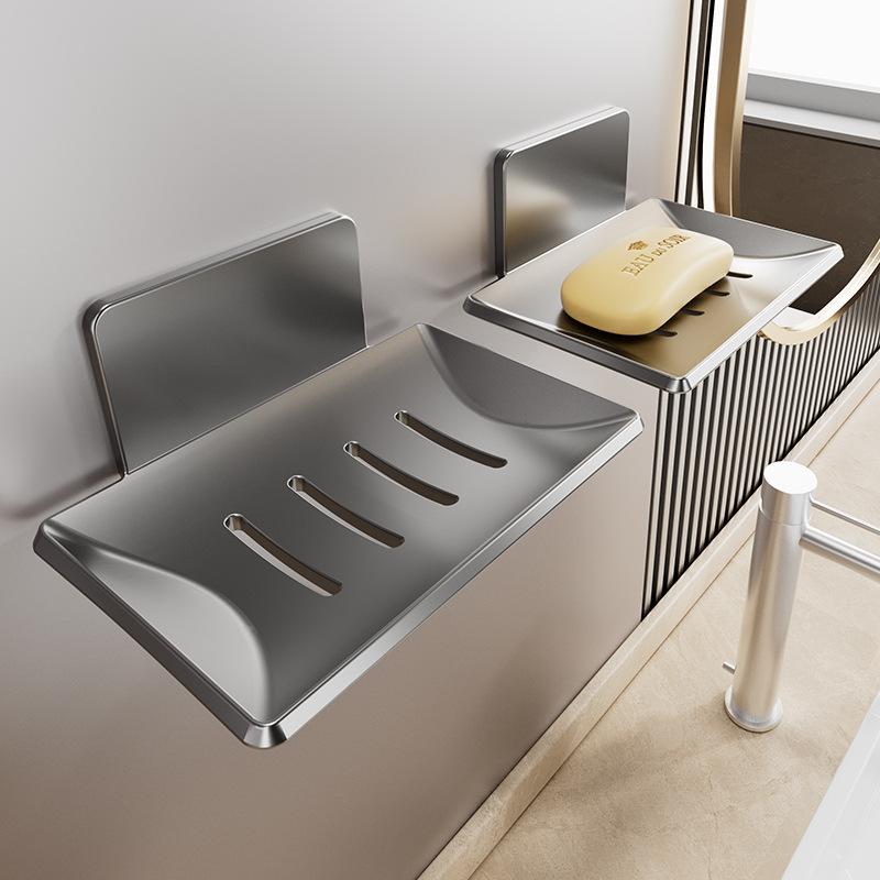 Adhesive Aluminum Soap Dish Holder No Drill Wall Mounted with Drainage Net for Bathroom Shower Storage Rack