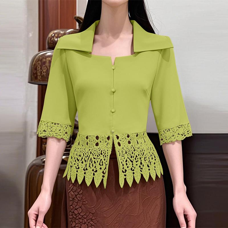 ZANZEA Women Elegant Shirt Collar 3/4 Sleeve Crochet Lace Patchwork Blouse