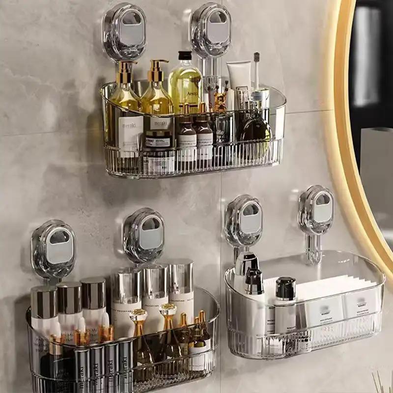 Transparent Suction Cup Storage Rack No-Drill Wall Mounted Cosmetic Storage Box Strong Load-Bearing Removable Makeup Organizer
