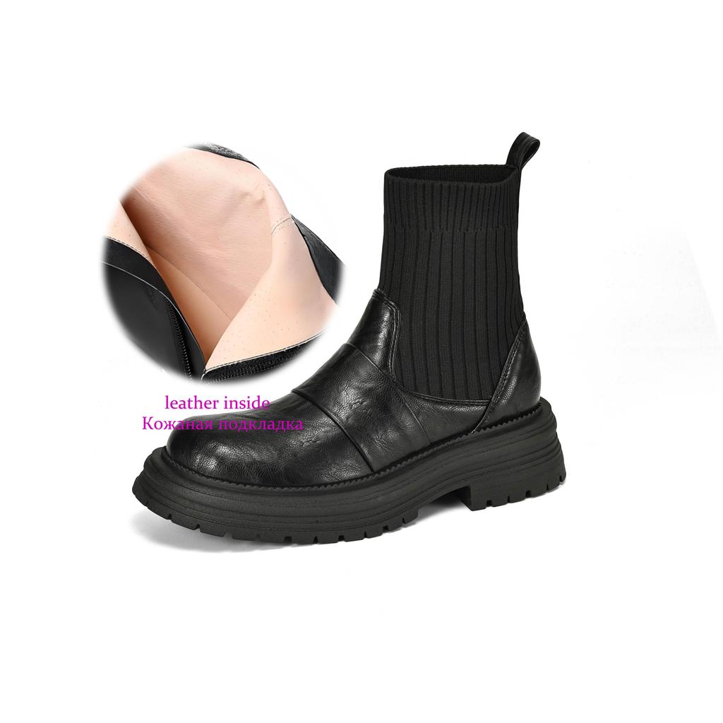 Krazing Pot Microfiber Autumn Winter Shoes Thick High Heels Flat Platform Size 43 Motorcycle Boots Knitwear Ankle Boots