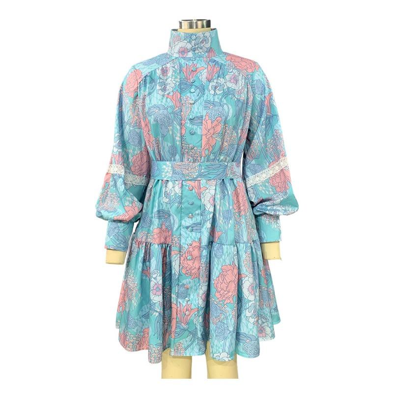 Plus Size Frühling und Herbst Damen Kleid Mode Temperament Hoher Kragen Swing Bedruckte Hemdkleider