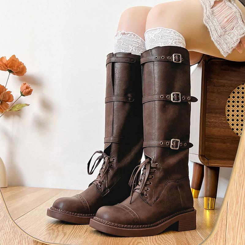 Catwalk British Martin Boots Women's New Old Retro Knight Boots Belt Buckle Boots Women