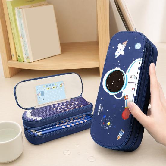 Astronaut Pencil Case for Kids Large Capacity Space Theme Pencil Pouch with Rocket Print Waterproof Thick Canvas Stationery Bag for Boys Girls