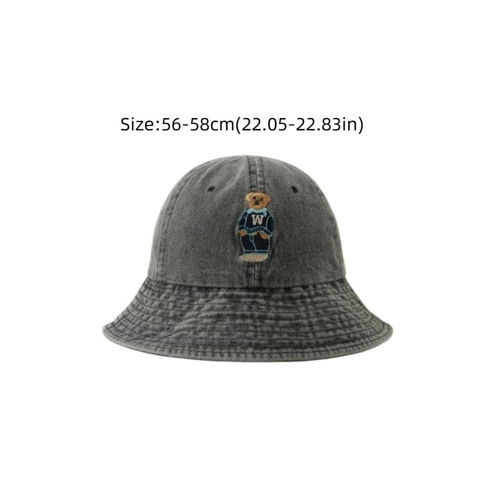 Bear Embroidery Print Vintage Washed Denim Hat Drawstring Adjustable Windproof Fisherman Hat Sunscreen Wide Brim Casual Sun Hat