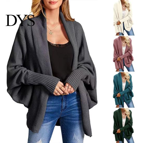 Women Cardigan Coat Collarless Batwing Long Sleeve Open Front Knitting Layering Jacket Elastic Cuffs Solid Color Loose Fit Knitted