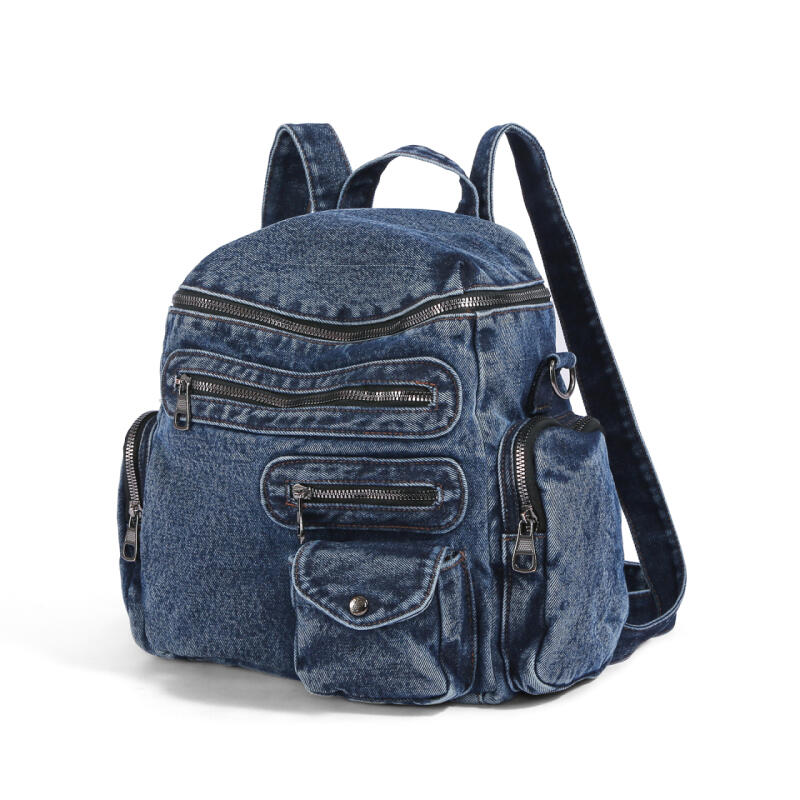 Vintage Denim Backpack Rivet Shoulder Bag Student Schoolbag Class Commuter Backpack