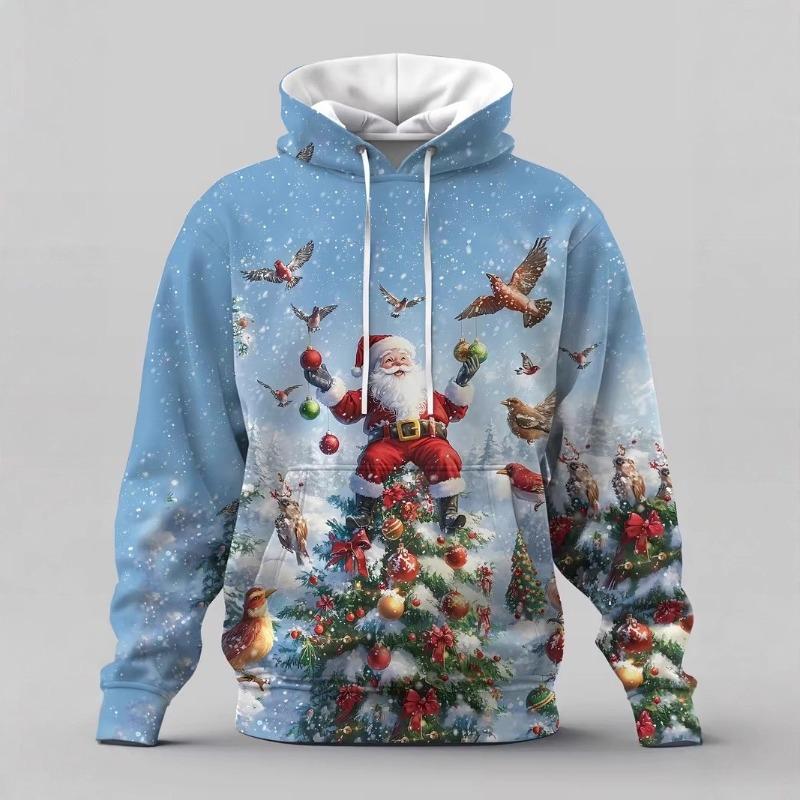 Módní pánská vánoční mikina s kapucí a stahovací šňůrkou z polyesterové tkaniny pro sváteční nošení s dlouhým rukávem a 3D potiskem