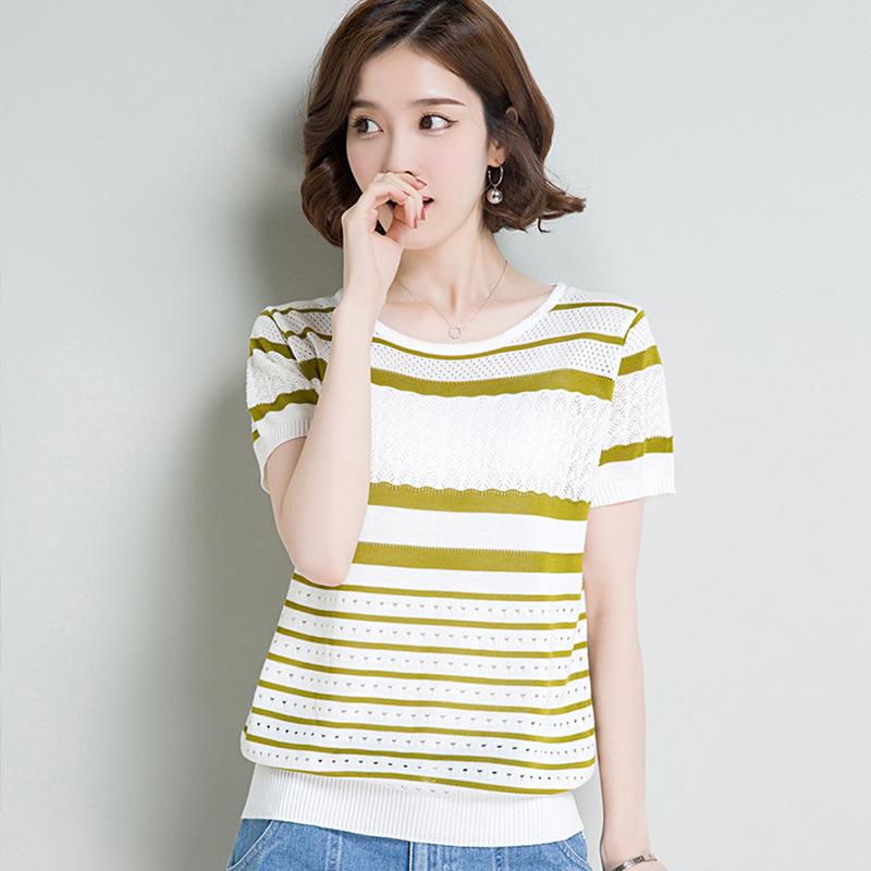 Summer Women's Ice Silk Striped Short Sleeved T-shirt Loose Base Shirt Knitted Versatile Sun Protection Top