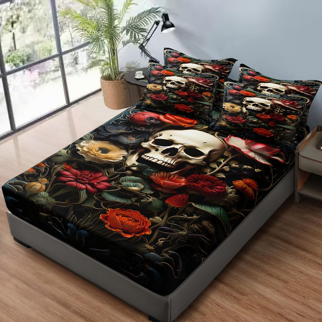 3-Piece Simple Modern Skull Animal Pattern Digital Printing Three Piece Fitted Sheet Set, Bedroom Printed Bed Cover Set, Bedding