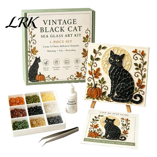 Easy Craft Kit for Beginners Halloween Sea Glass Art DIY Kit, Ghost Black Cat Owl Raven Pumpkin Creative Journey Gift Set Mosaic Set, Beginner