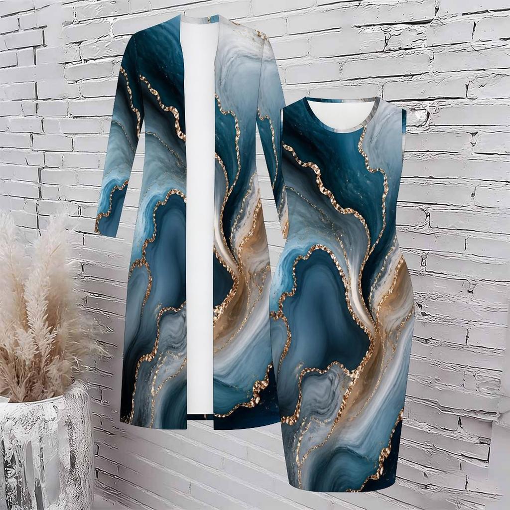Women Plus Size Multicolor Printed Two Piece Set Sleeveless Bodycon Dress Long Sleeve Open Front Cardigan