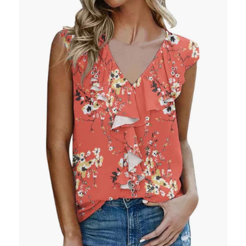 Women's plus size printed chiffon fungus trim T shirt