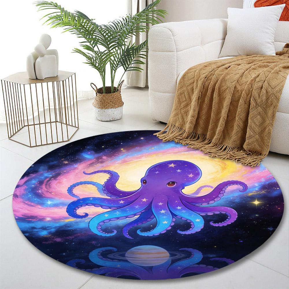 Cosmic Galaxy Octopus Design Print Round Rug, Living Room, Bedroom, Playroom Carpet, Non Slip Floor Mat, Gift