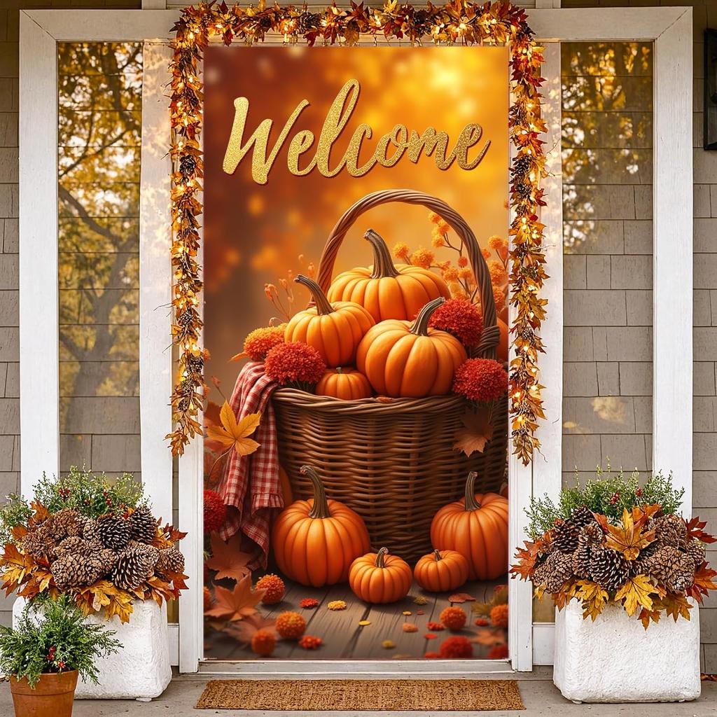 Fall Door Cover, Welcome Autumn Photo Backdrop Happy Fall Door Banner Pumpkin for Farmhouse Autumn Thanksgiving Harvest Festival Decorations and
