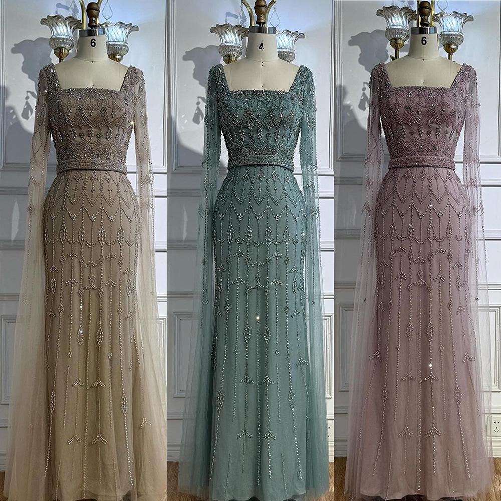 Caramel color flying sleeves high-end beaded fishtail evening dress, art exam solo host long dress LA11911A