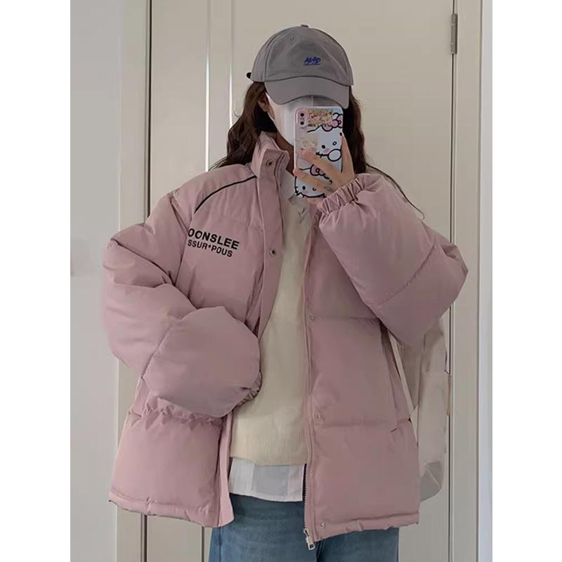 

Women s Milky Pink Stand-Up Collar Down Jacket: Winter 2024, Loose, Thick College Style Coat. M
